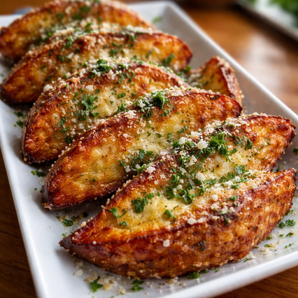 Crispy Garlic Parmesan Potato Wedges served on a plate with herbs.