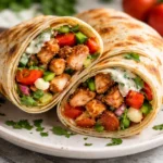 Plate of Chicken Shawarma with Creamy Garlic Sauce served with pita and salad