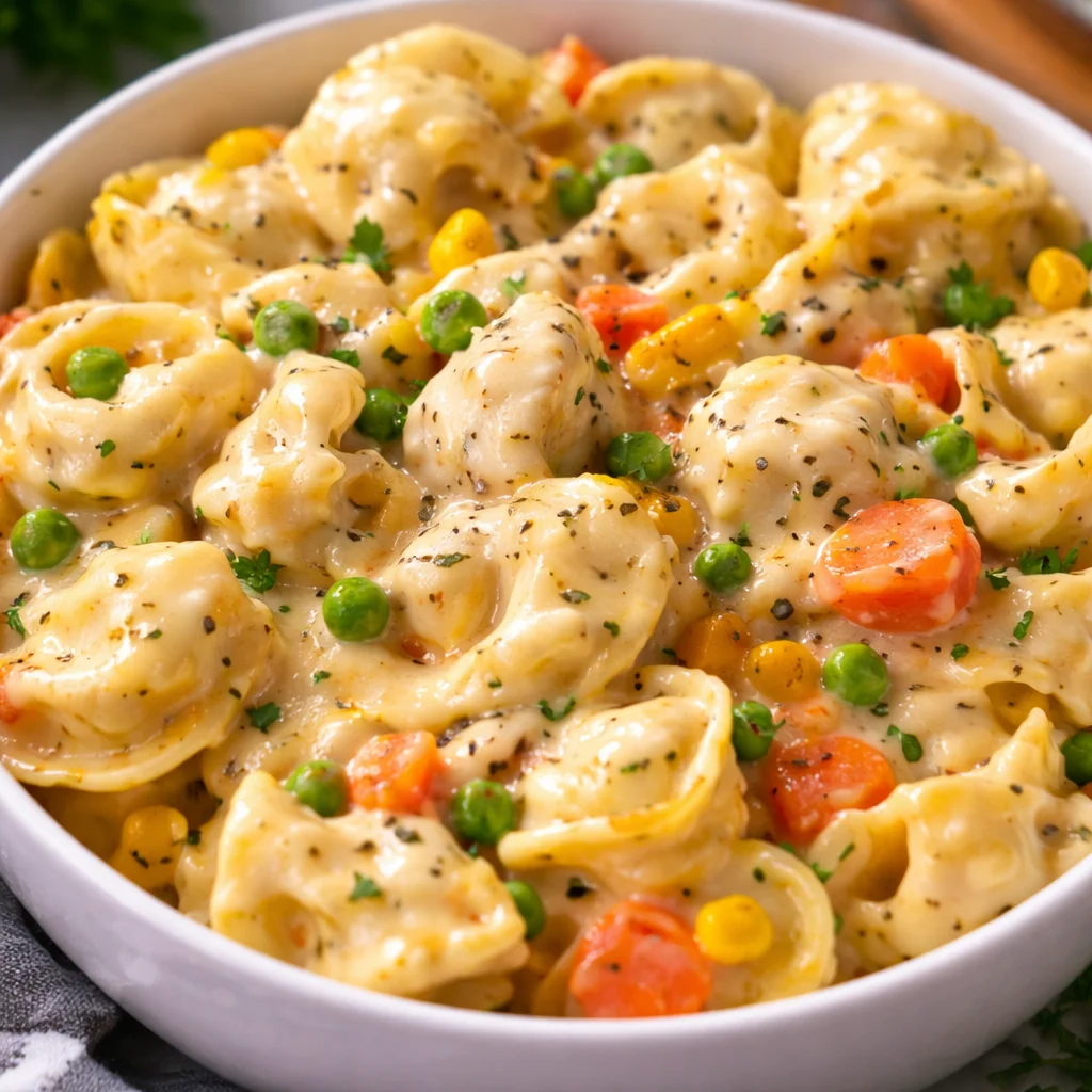 Delicious Crockpot Cheddar Chicken Pot Pie Tortellini with tender chicken and cheese tortellini.