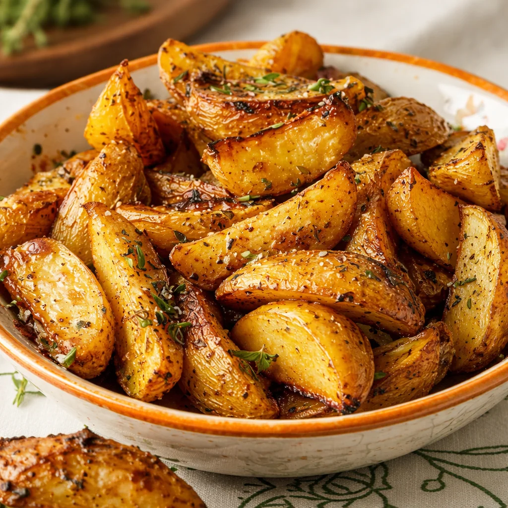 Deliciously roasted Greek Potatoes With Lemon, golden and crispy, served with fresh herbs.