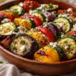 One Pan Greek Vegetables with colorful roasted veggies in olive oil and garlic
