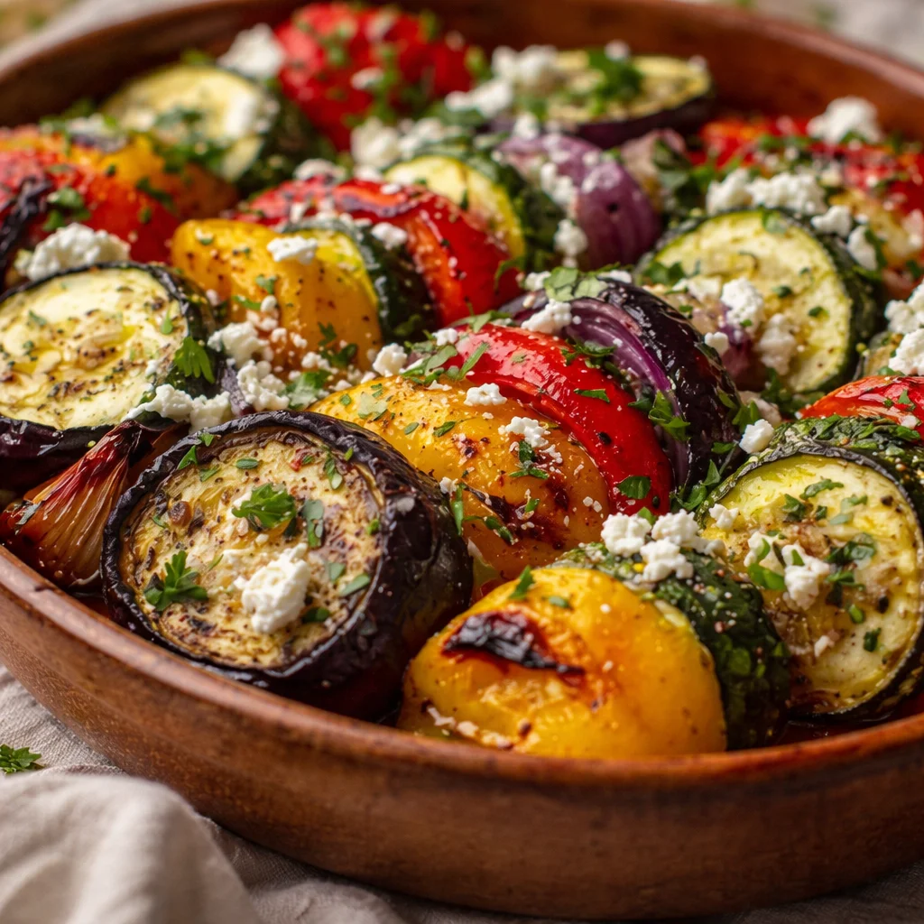 One Pan Greek Vegetables with colorful roasted veggies in olive oil and garlic