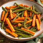 Honey Glazed Carrots & Green Beans roasted and served on a plate with olive oil.