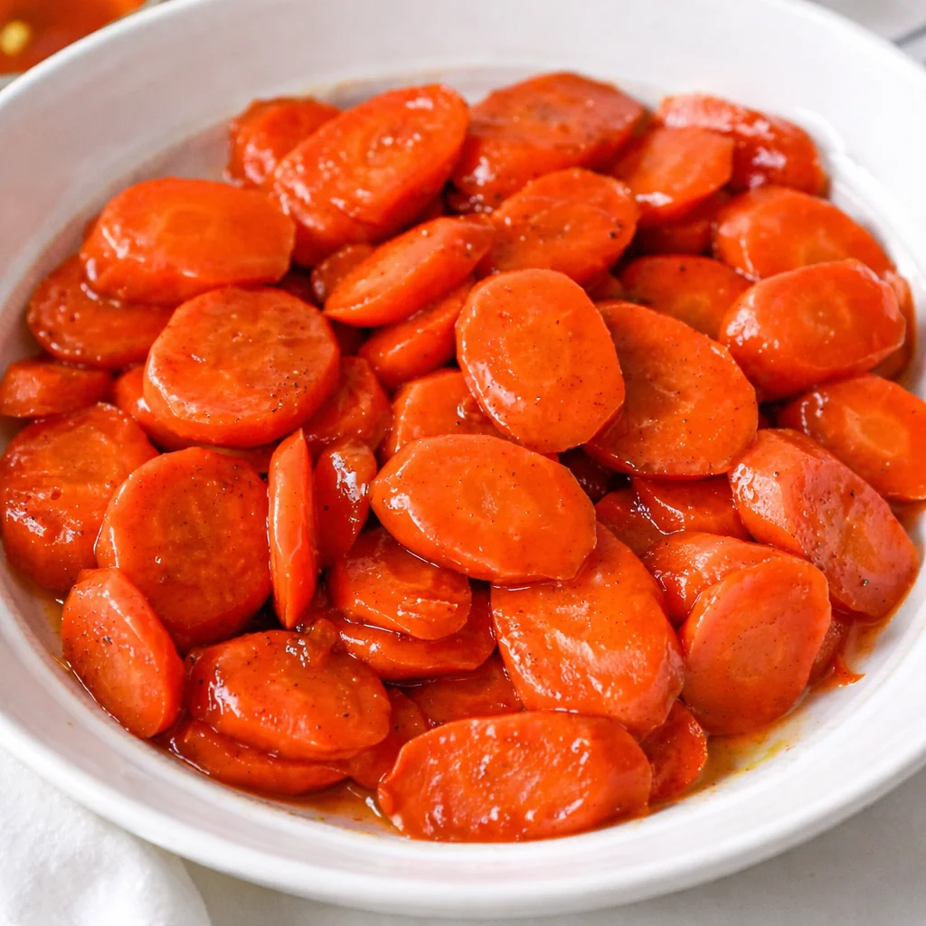 Maple & Brown Sugar Glazed Carrots cooked in a sweet glaze, perfect side dish.