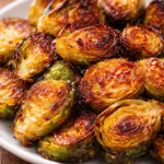 Honey Garlic Roasted Brussels Sprouts drizzled with glaze on a white plate.