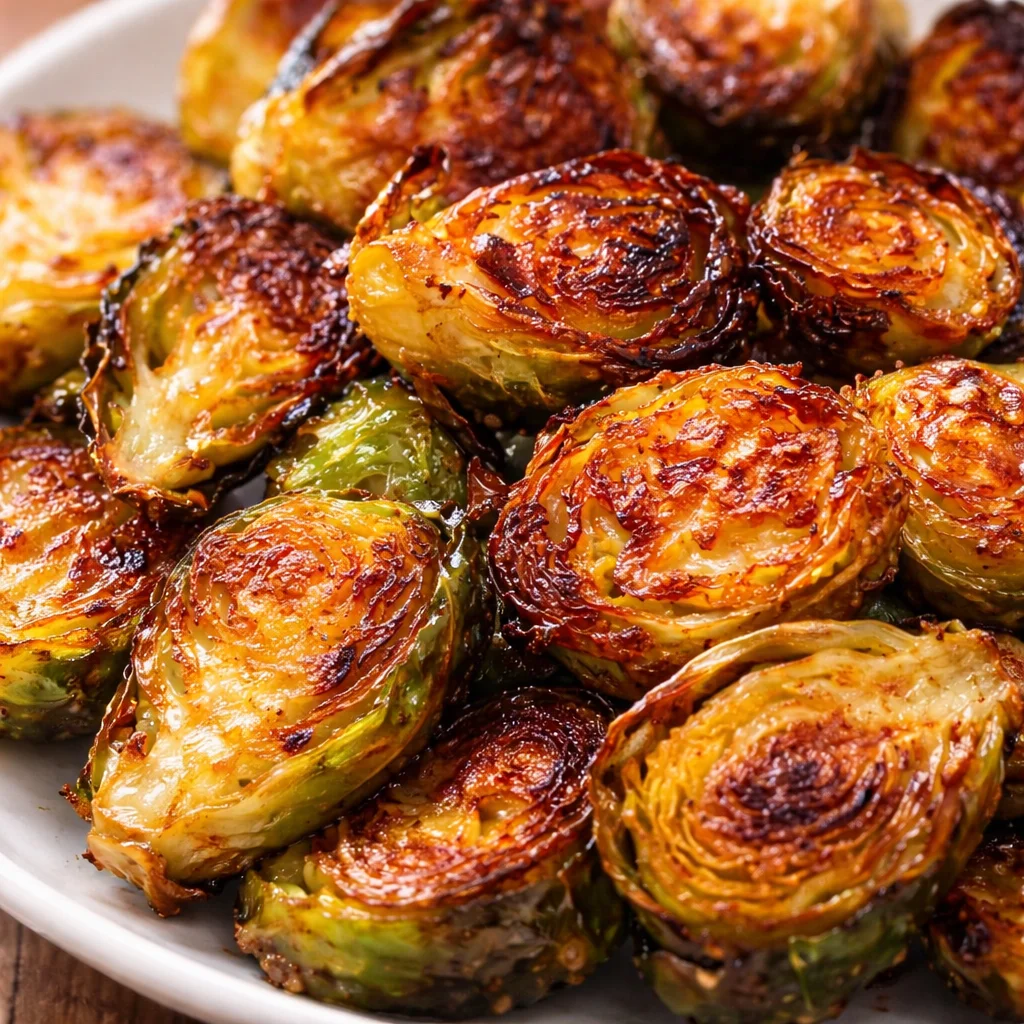 Honey Garlic Roasted Brussels Sprouts drizzled with glaze on a white plate.