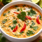 Bowl of Crockpot Thai Coconut Chicken Soup garnished with cilantro and lime.