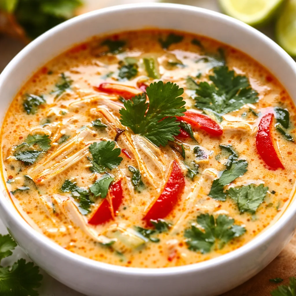 Bowl of Crockpot Thai Coconut Chicken Soup garnished with cilantro and lime.