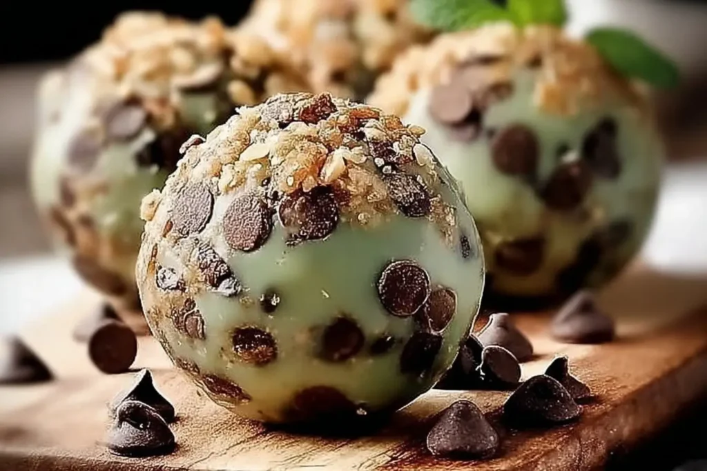 Mint chocolate chip protein balls with mint leaves and chocolate chips.