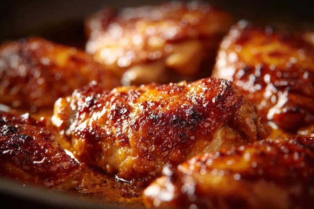 Juicy oven baked boneless skinless chicken thighs plated with herbs.