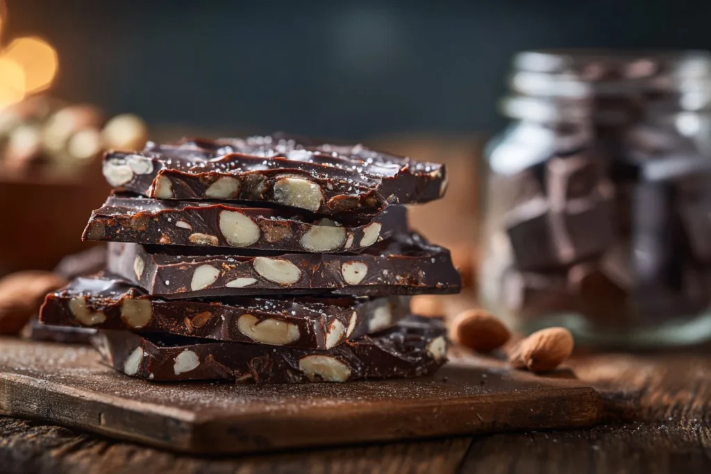 5 Ingredient Date Bark with nuts and chocolate on a wooden background