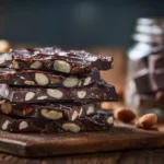 5 Ingredient Date Bark with nuts and chocolate on a wooden background