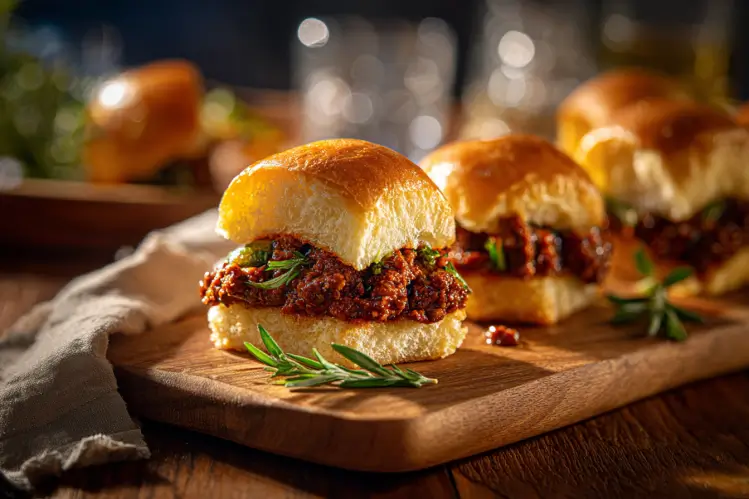 Delicious Cowboy Sliders served on a rustic wooden platter