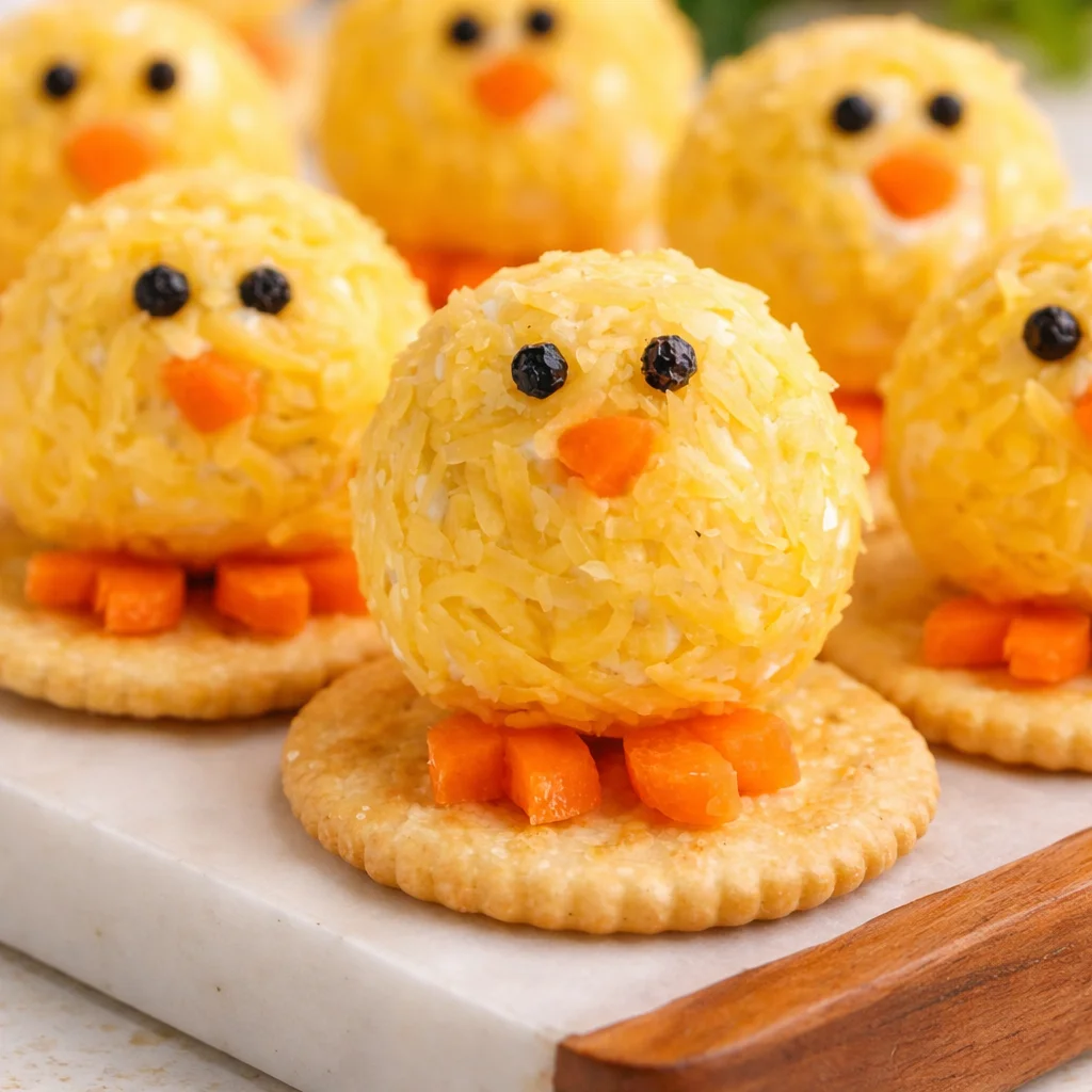 Cute Baby Chick Cheese Balls appetizer for Easter celebration.