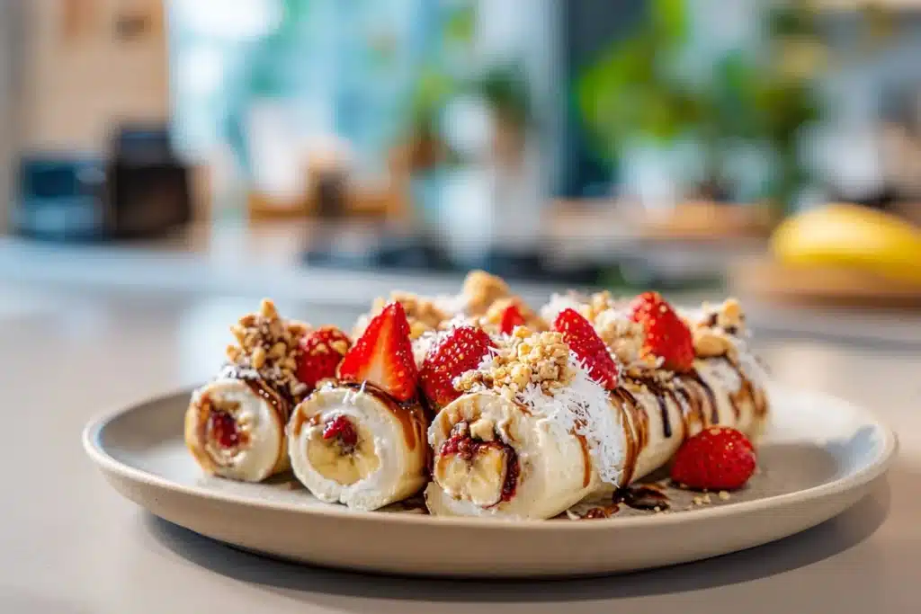 Colorful banana sushi rolls beautifully arranged on a plate