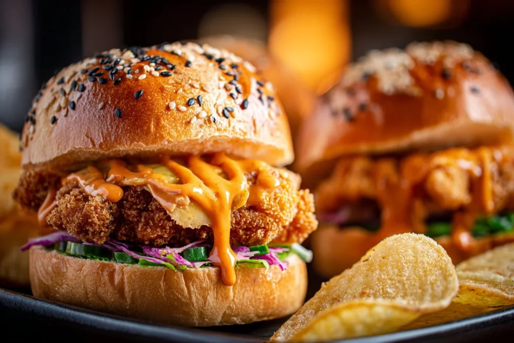Bang Bang Chicken Sliders with spicy sauce and fresh toppings on a plate
