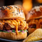 Bang Bang Chicken Sliders with spicy sauce and fresh toppings on a plate