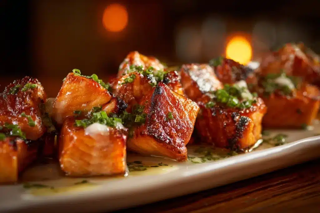 Crispy Bang Bang Salmon Bites garnished with herbs and spices