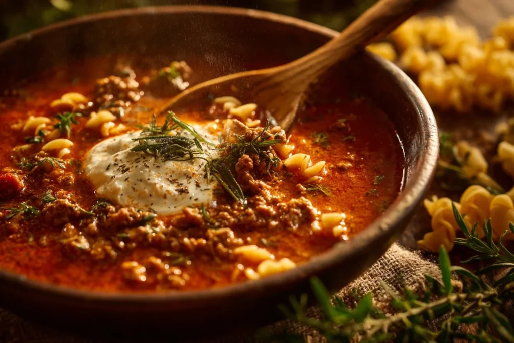 Bowl of delicious lasagna soup topped with cheese and herbs