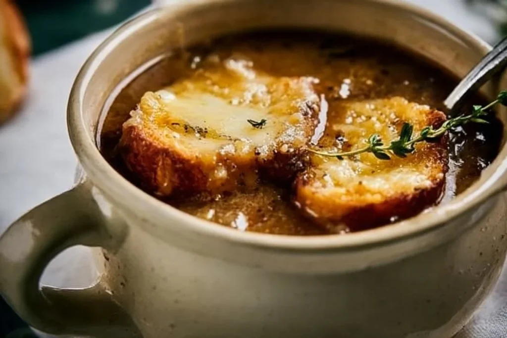 A bowl of the best French Onion Soup topped with melted cheese and fresh herbs.