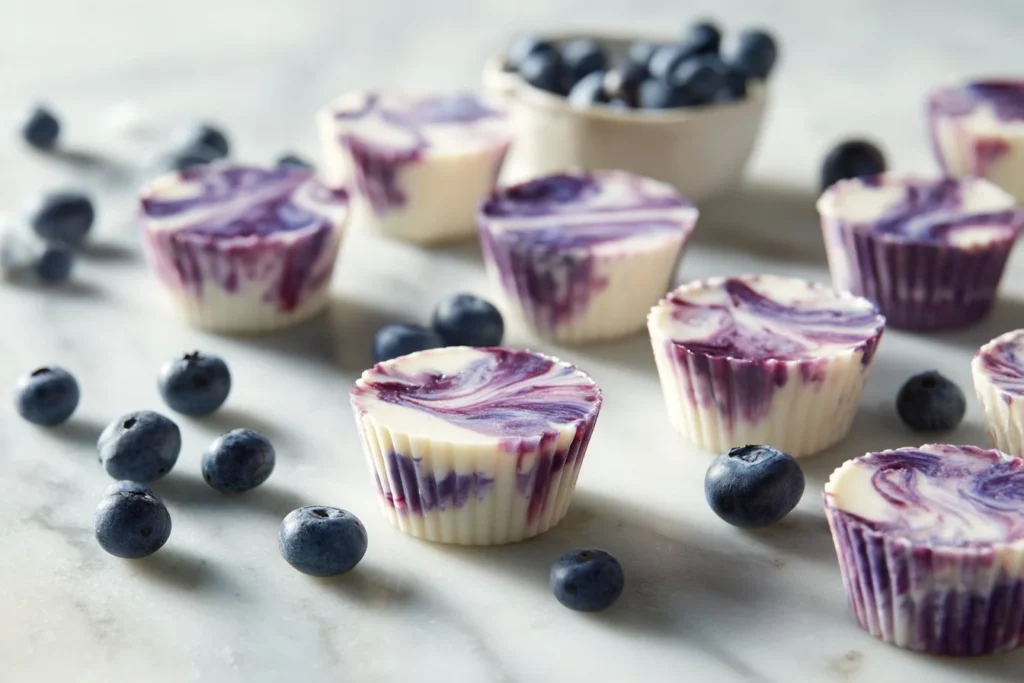 Delicious blueberry swirl yogurt bites in a bowl