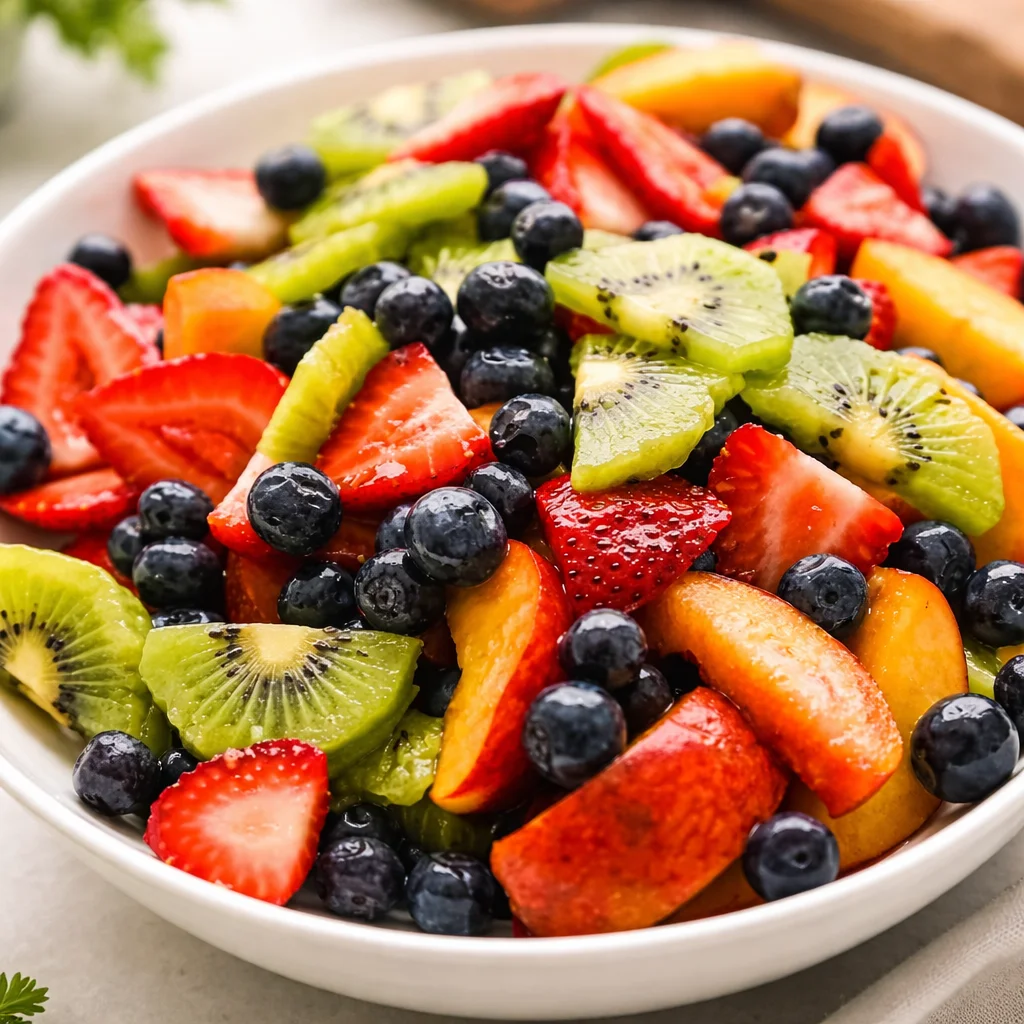 Colorful fruit salad with honey lime dressing in a bowl.