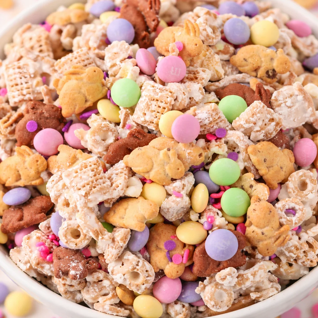 Colorful Bunny Bait Easter snack mix with Chex cereal, pretzels, and white chocolate.