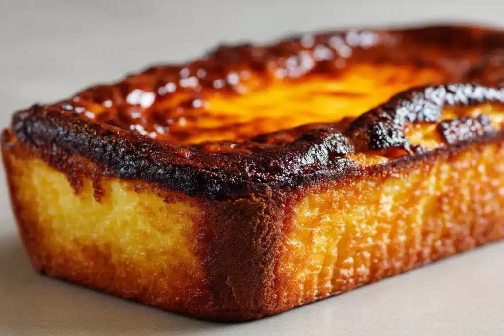Delicious burnt Basque cheesecake sliced and served from a loaf pan