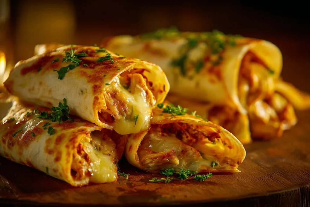 Cheesy garlic chicken wraps with fresh ingredients and melted cheese