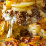 Delicious cheesy hamburger potato casserole served in a baking dish.