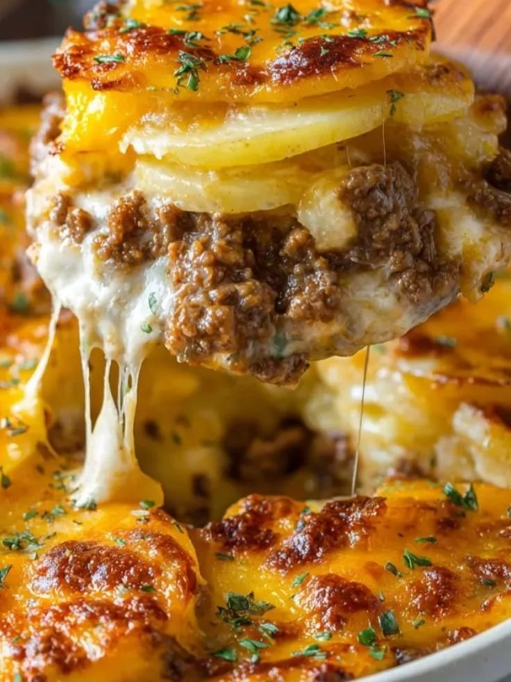 Delicious cheesy hamburger potato casserole served in a baking dish.