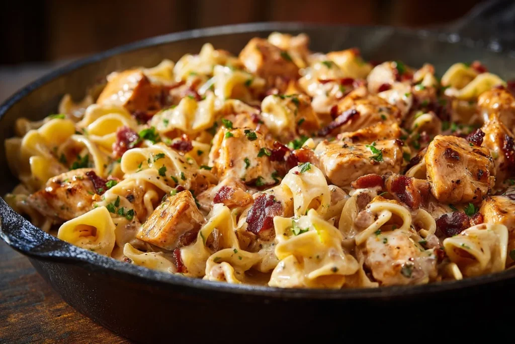 Delicious creamy Chicken Bacon Ranch Pasta topped with bacon and herbs.
