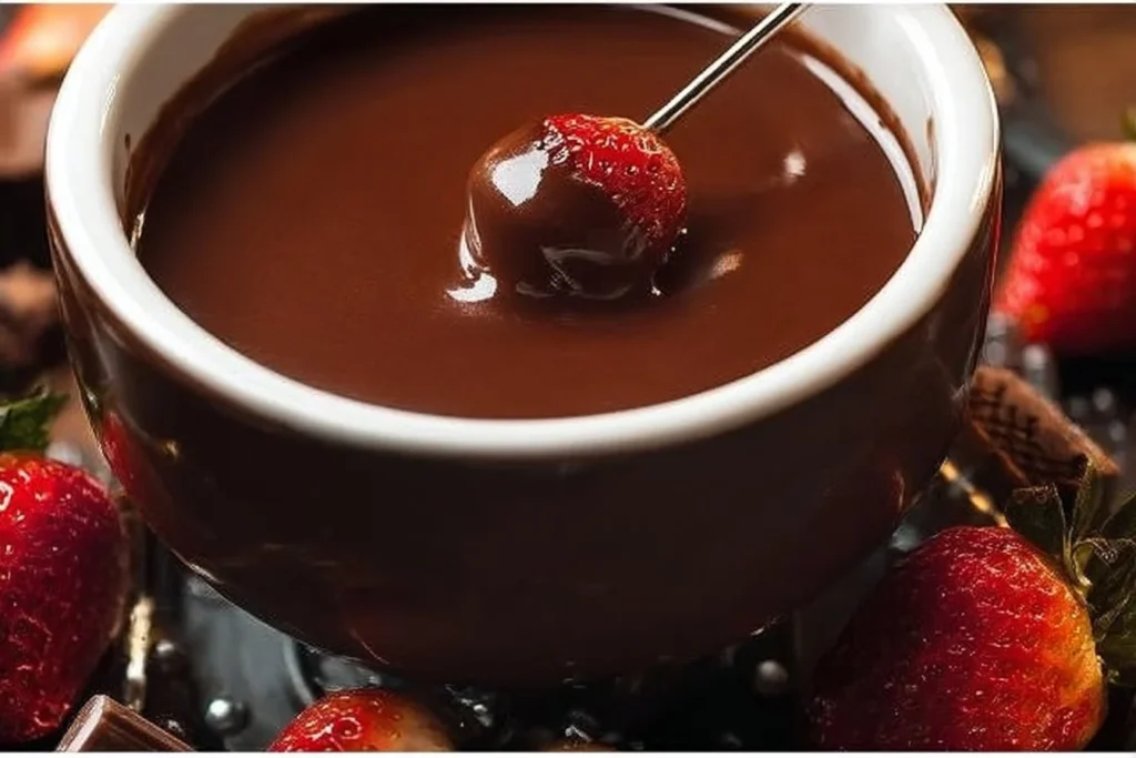 Delicious Chocolate Fondue with fruits and marshmallows for dipping