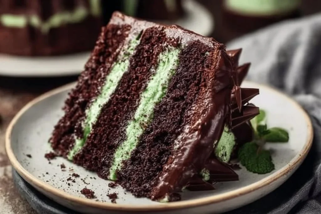 Chocolate Mint Layered Cake with rich chocolate frosting and mint layers