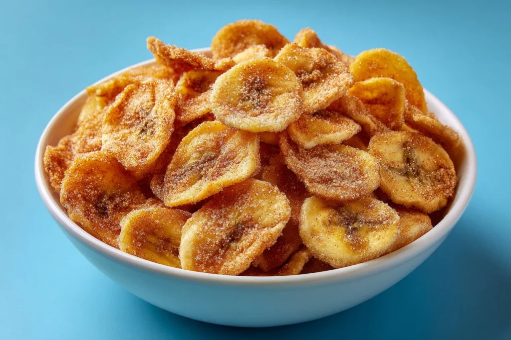 Cinnamon-sugar air fryer banana chips in a bowl, a healthy snack option.