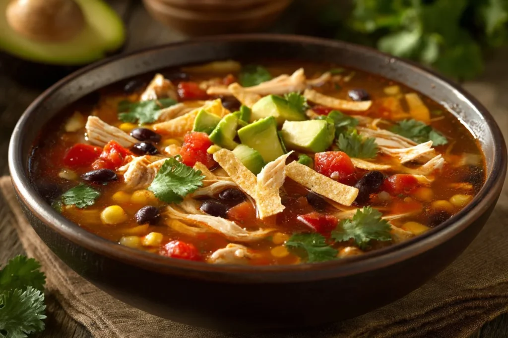 Bowl of classic chicken tortilla soup with tortilla strips and cilantro on top