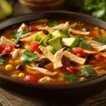 Bowl of classic chicken tortilla soup with tortilla strips and cilantro on top