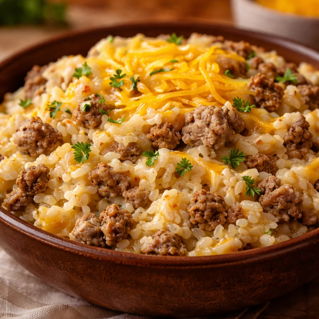 Delicious Cheesy Hamburger Rice Casserole topped with melted cheese and served.