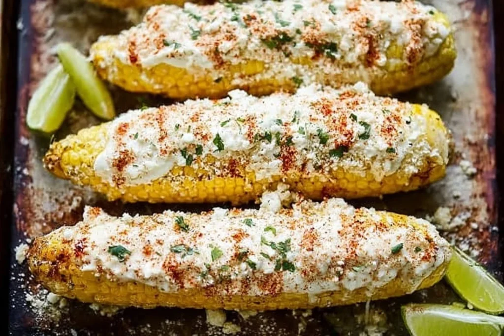 Delicious grilled corn on the cob with butter and seasonings