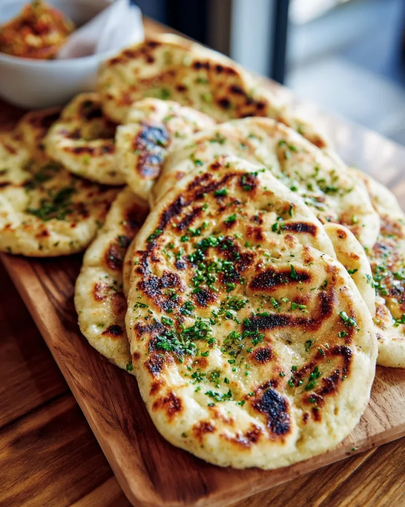 Homemade cottage cheese pita bread on a wooden table with fresh ingredients.