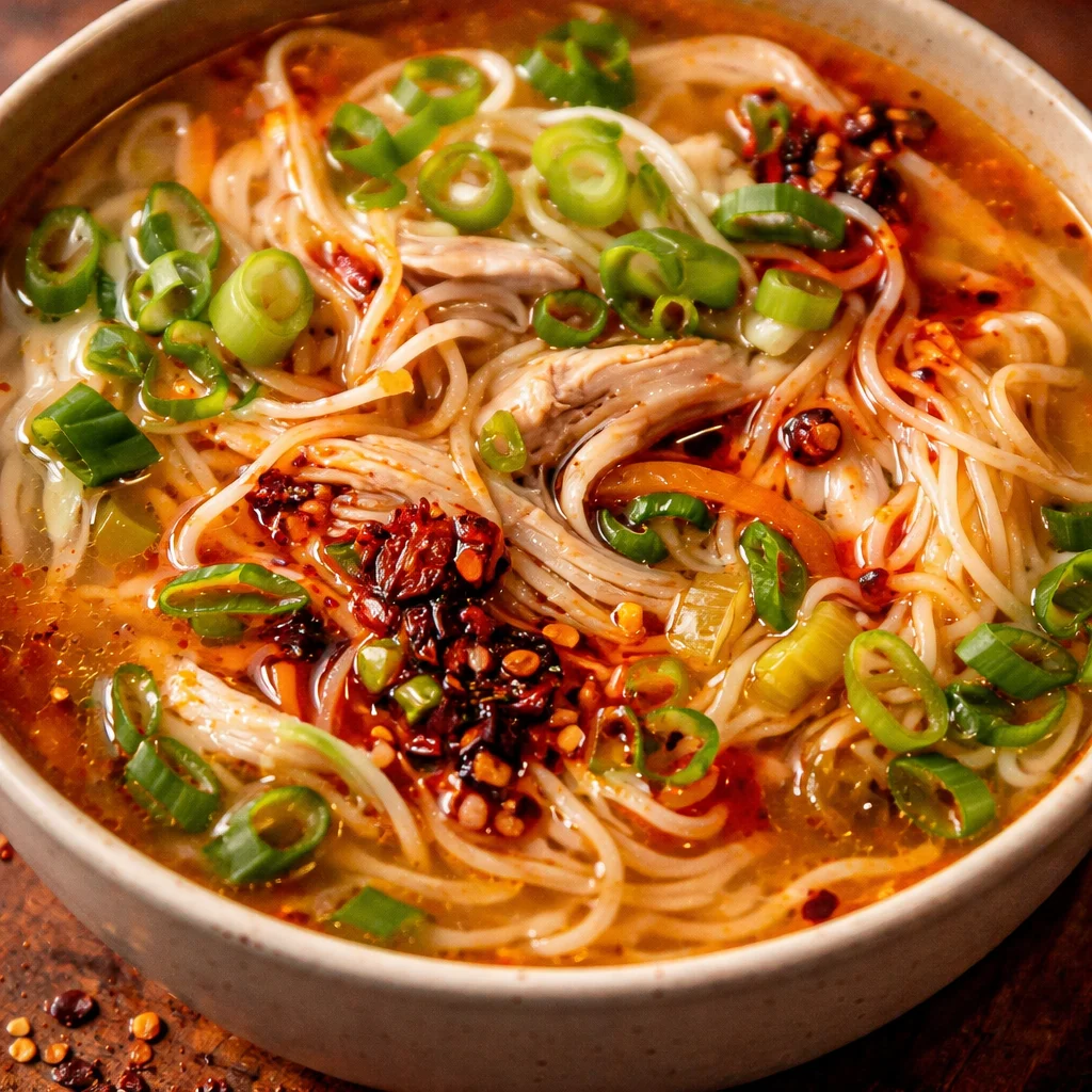 A bowl of Ginger Garlic Chicken Noodle Soup with fresh herbs and noodles.