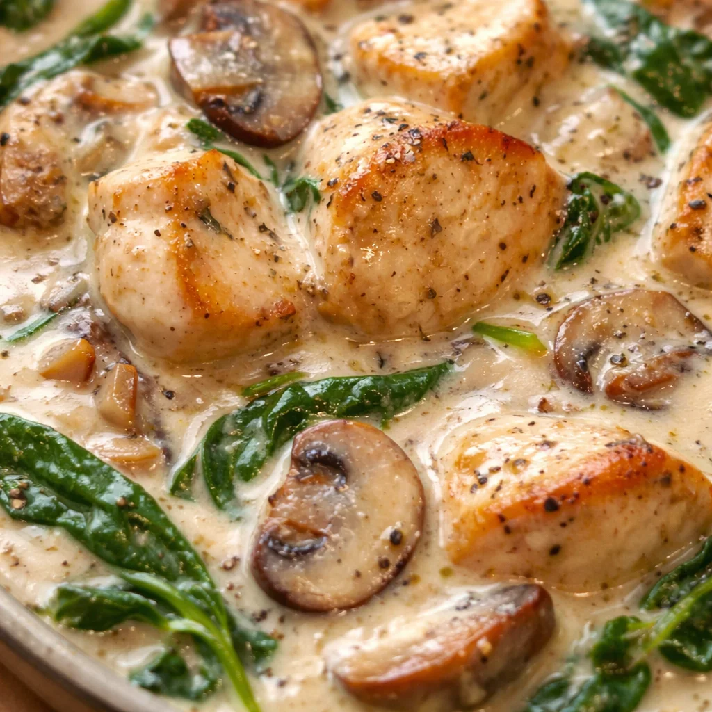 Delicious Creamy Chicken Mushroom Spinach Skillet served in a cast iron pan.