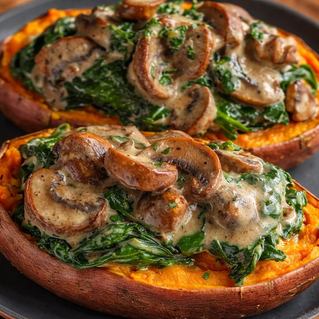 Creamy Mushroom Stuffed Sweet Potatoes filled with savory ingredients