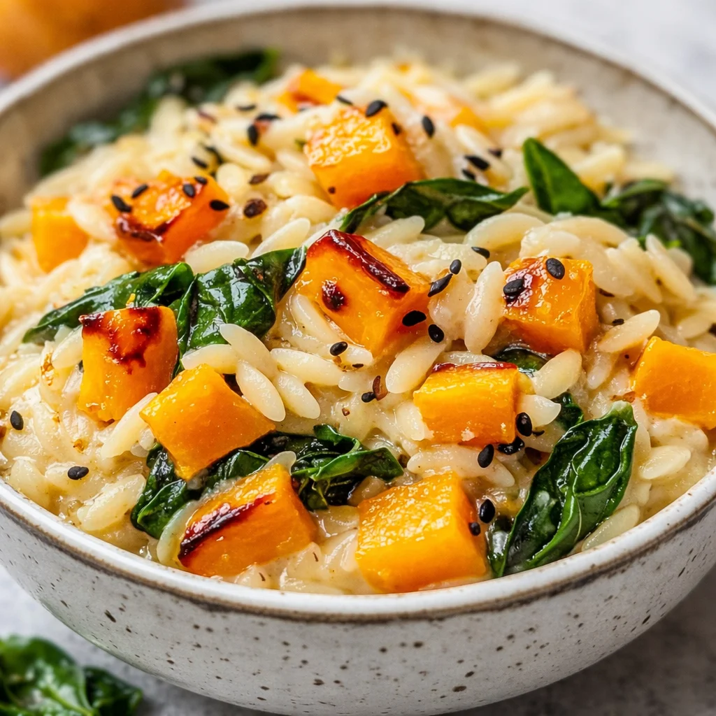 Creamy Orzo with Roasted Butternut Squash and Spinach dish served in a bowl.