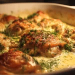 Creamy oven baked chicken thighs served on a plate with herbs and spices.