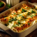 Delicious creamy white chicken enchiladas topped with cheese and cilantro.