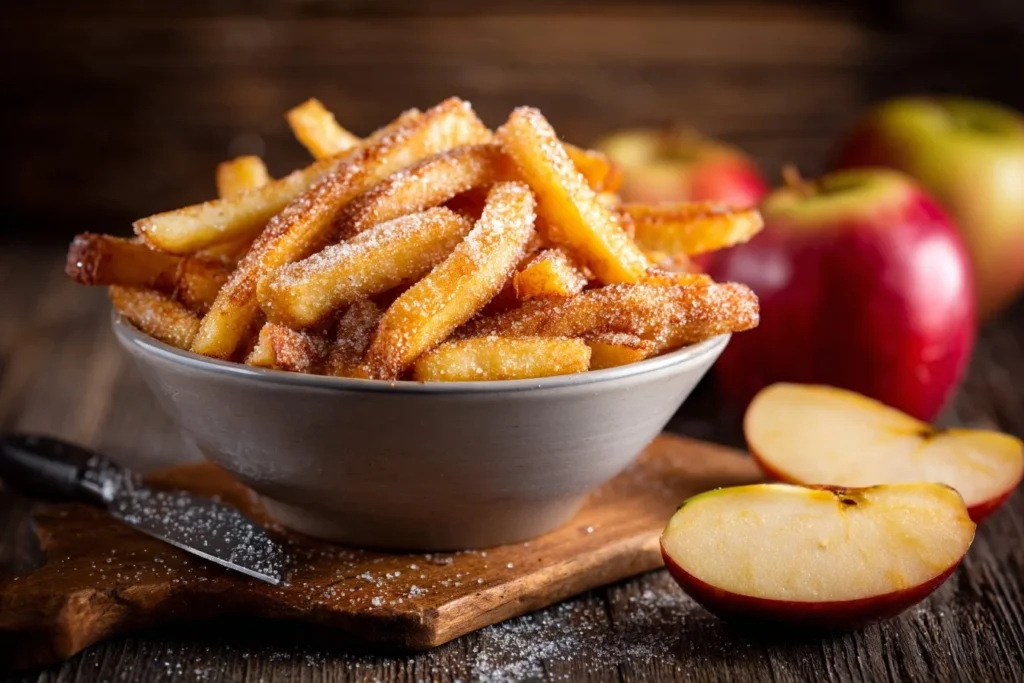 Crispy air fryer apple fries served with caramel dipping sauce.