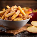 Crispy air fryer apple fries served with caramel dipping sauce.