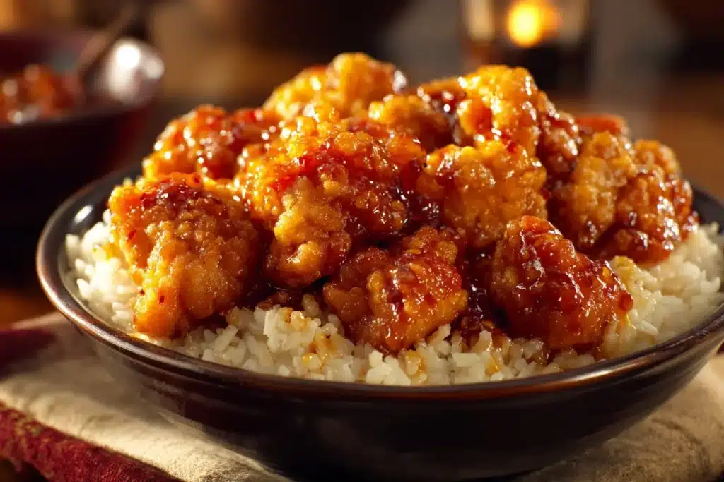 Crispy orange chicken served with vegetables and white rice