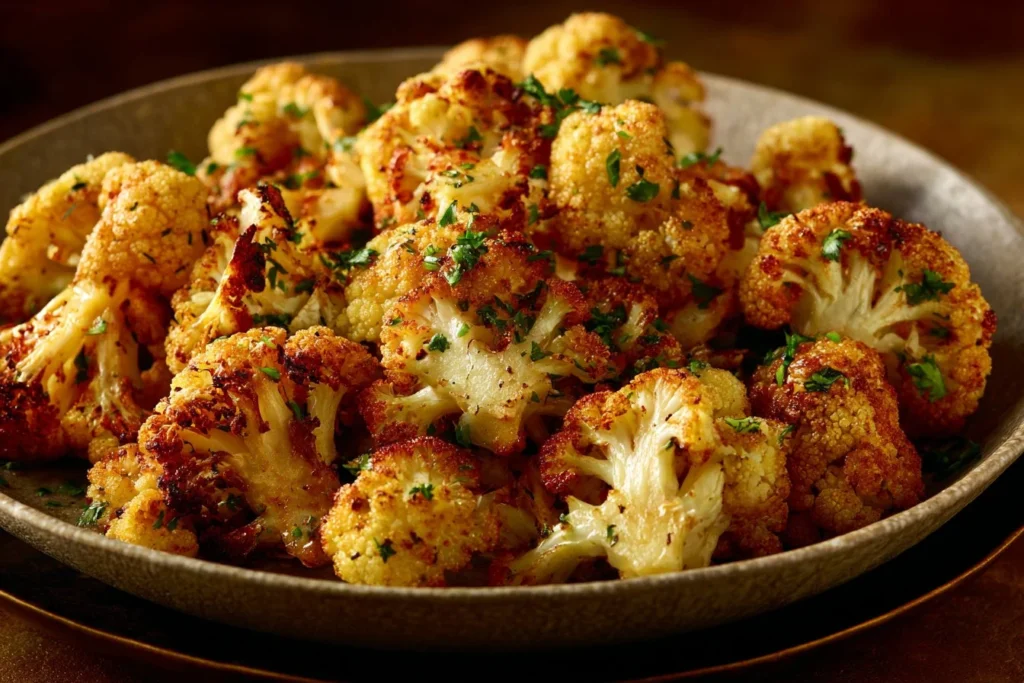 Crispy oven roasted cauliflower on a plate, garnished and ready to serve.